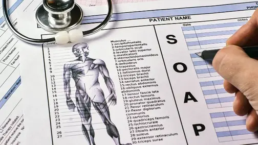 SOAP note components diagram showing Subjective, Objective, Assessment, and Plan sections